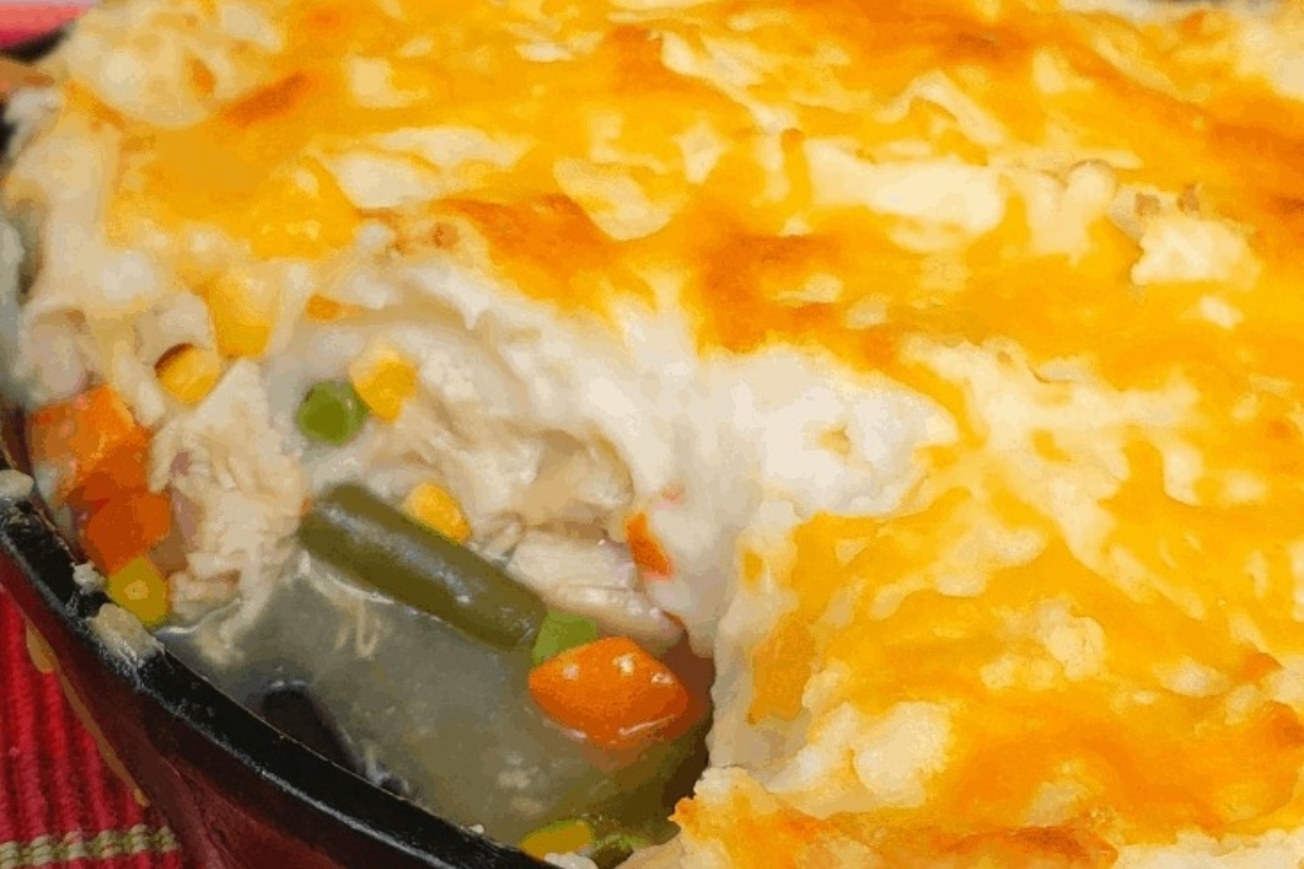 Leftover turkey pot pie in a cast iron skillet.