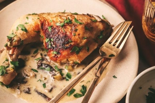 A plate with chicken and mushrooms on it.