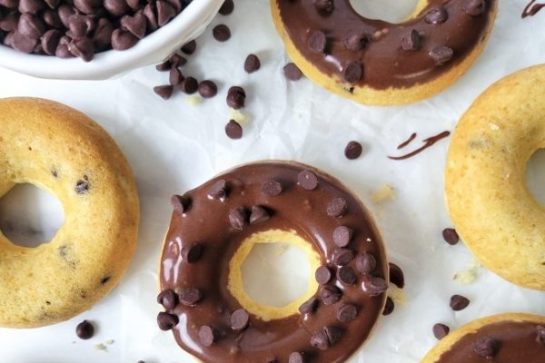 Donuts with chocolate icing and chocolate chips.