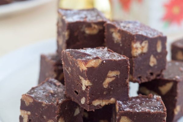 A traditional Christmas dessert, a pile of chocolate fudge on a plate.