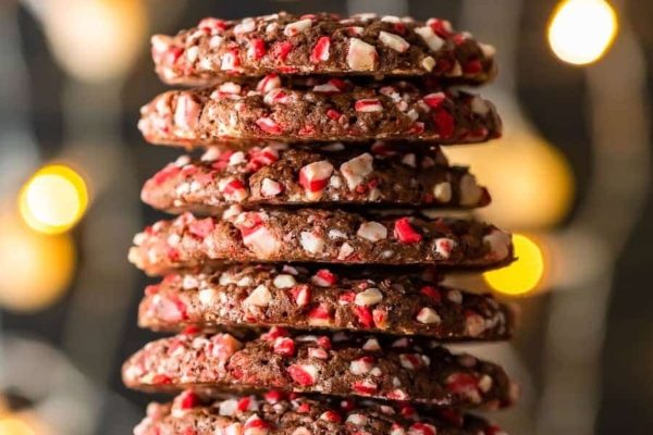 Christmas desserts - Chocolate peppermint cookies stacked on top of each other.