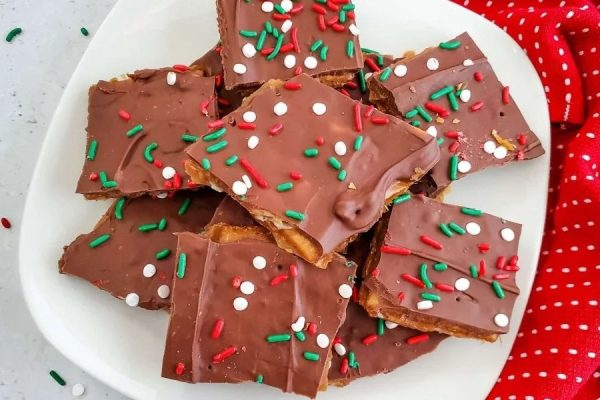Chocolate fudge bars on a plate with red and green sprinkles.