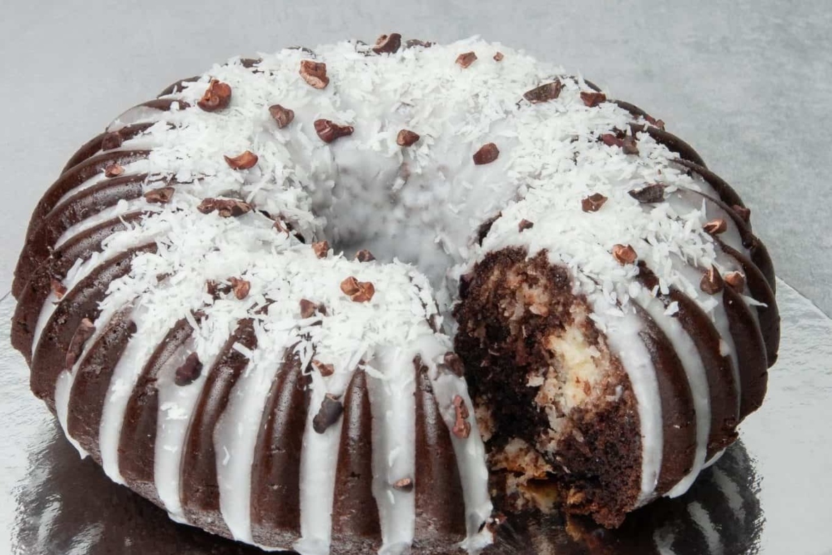 Delicious chocolate coconut bundt cake.