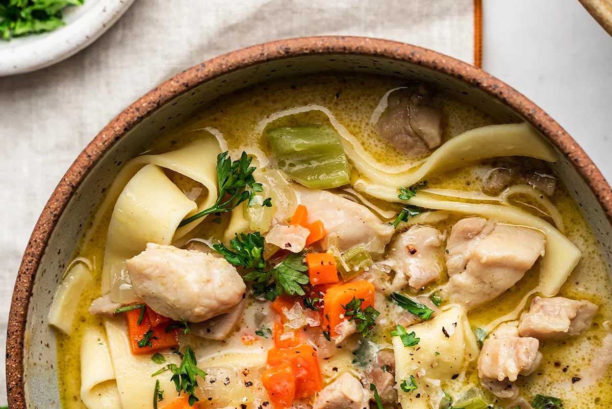 Chicken noodle soup in a bowl with carrots and parsley.