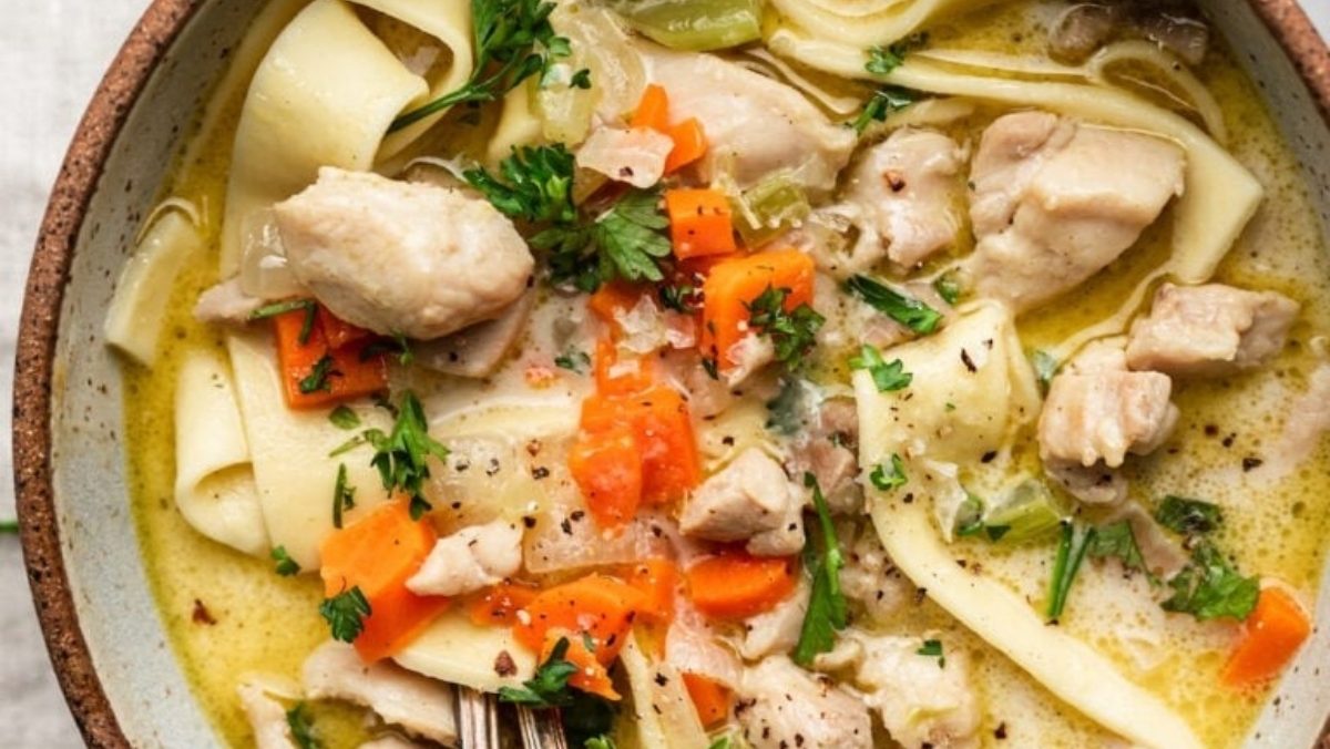 Chicken noodle soup in a bowl.