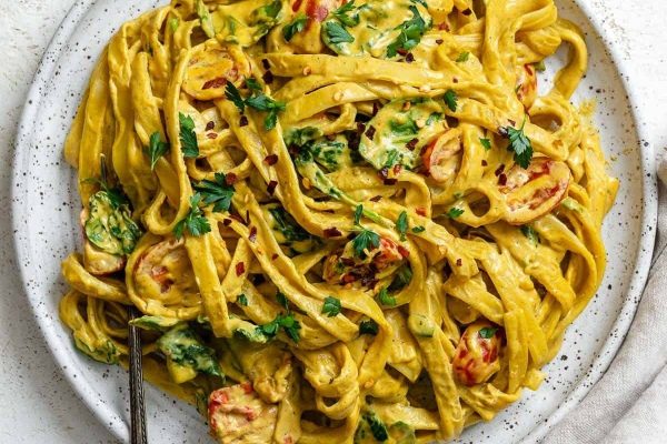 A plate of pasta with a sauce on it.