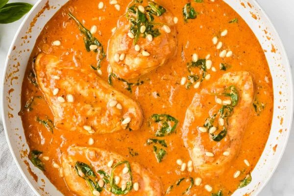 Thai chicken in a white dish with basil.