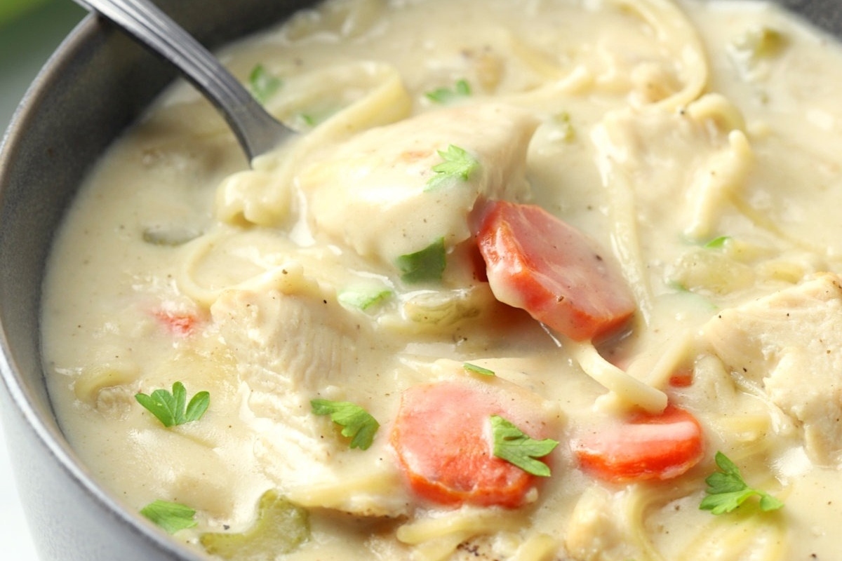 Leftover turkey noodle soup in a bowl.