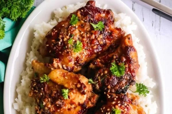 A white plate with chicken and rice on it.