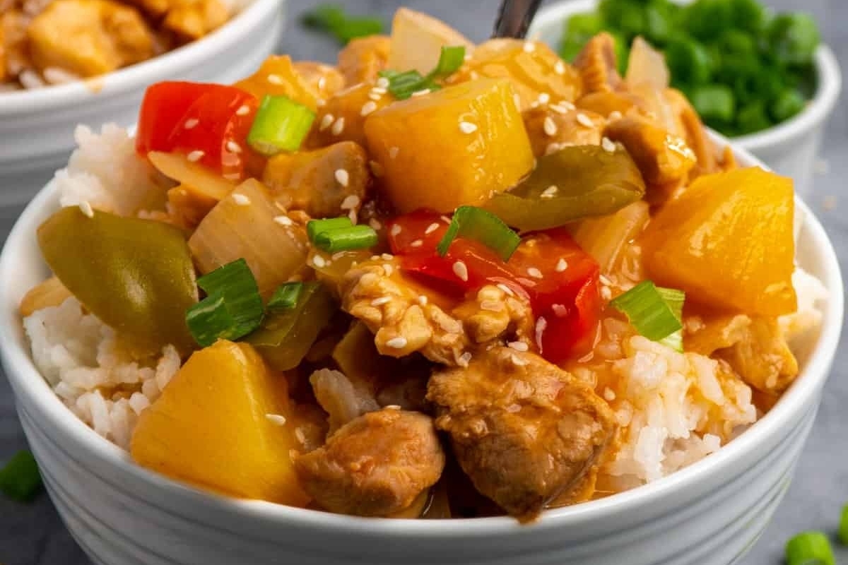 A bowl of Hawaiian-inspired stir fry with rice and vegetables.