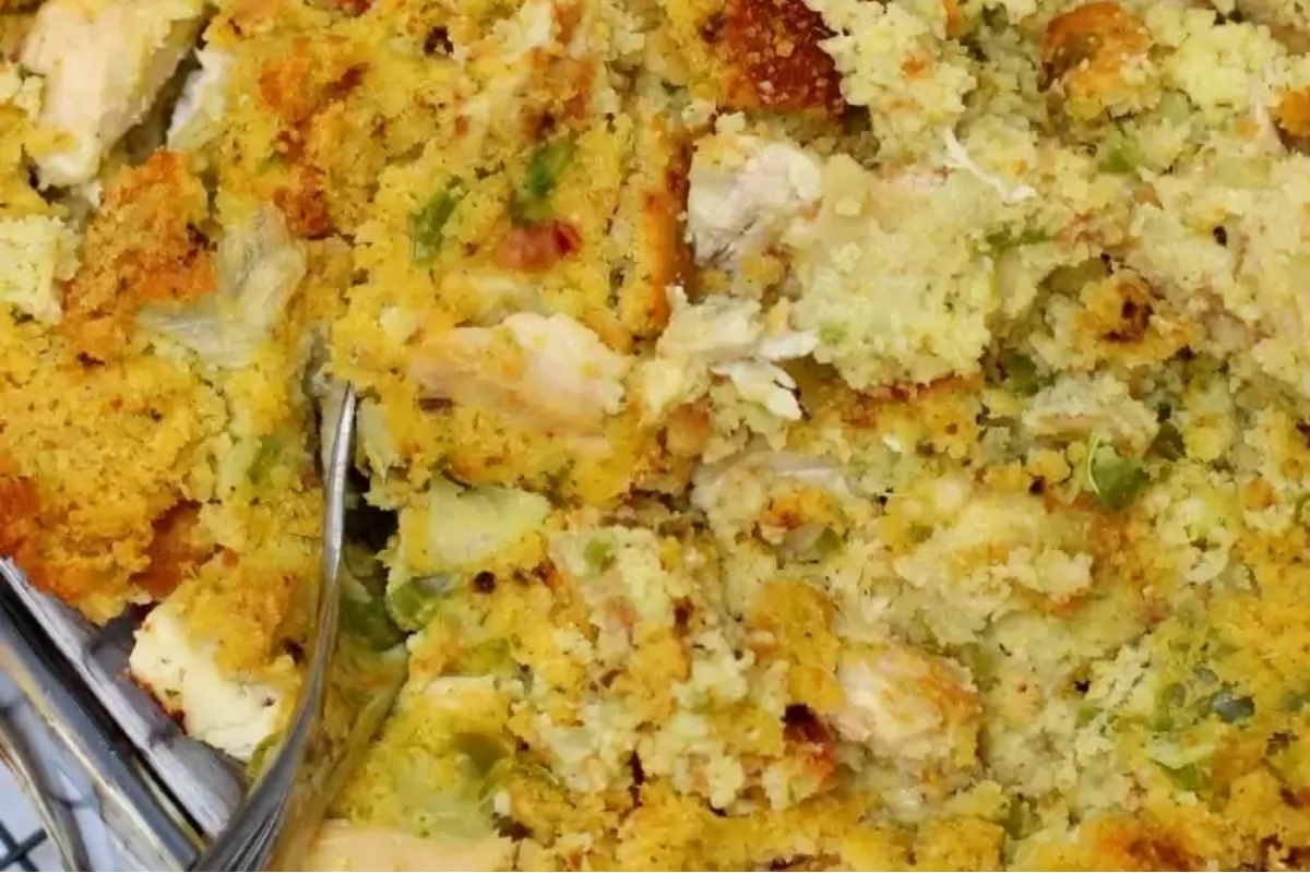 A delightful casserole dish recipe featuring chicken and stuffing.