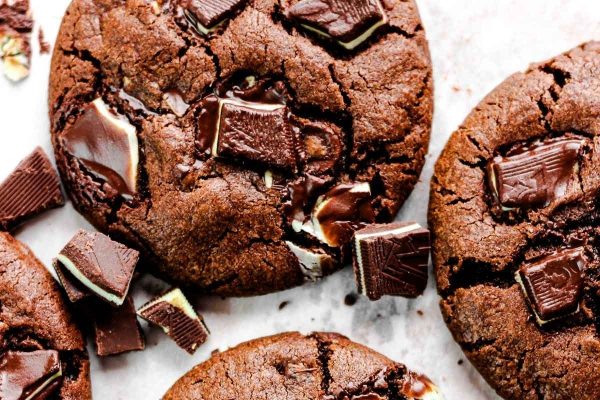 Chocolate cookies with white chocolate chunks.