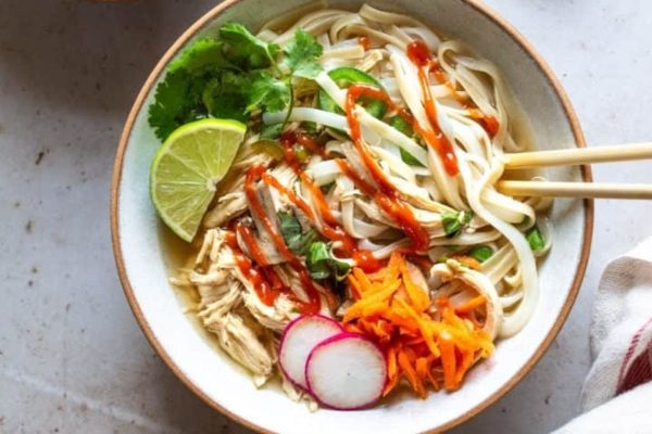 A bowl of asian chicken noodle soup with carrots and radishes.