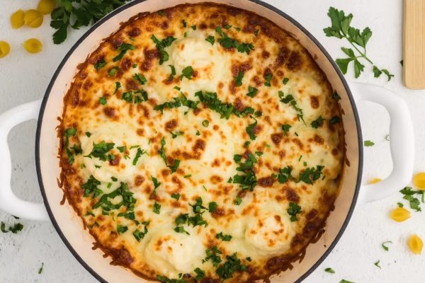 Cheesy pasta in a white dish with parsley.