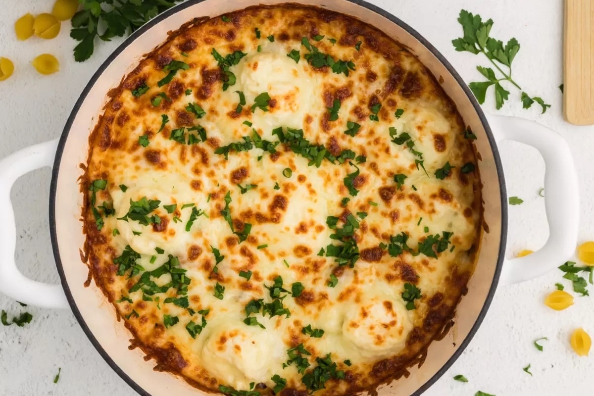 Cheesy pasta in a white dish with parsley.