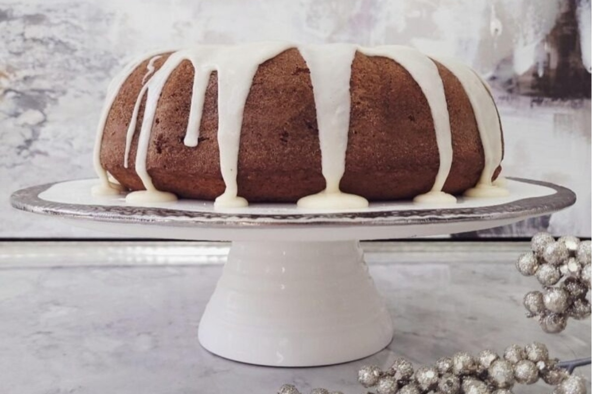 A bundt cake with icing on top is a delicious treat for any occasion.