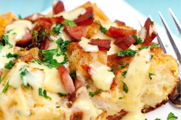 French toast casserole with bacon and cheese.