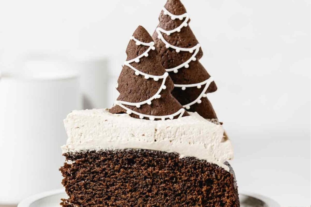 A festive Christmas cake with a chocolate Christmas tree.