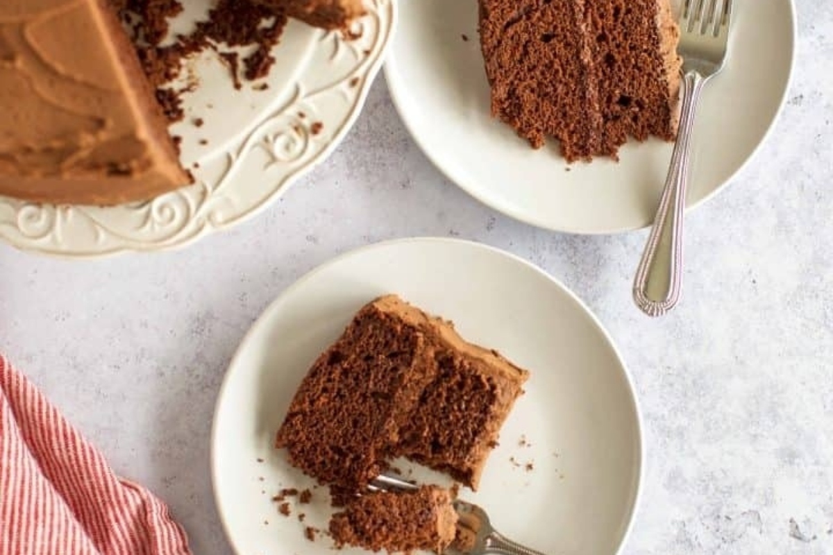 A slice of chocolate cake on a plate.