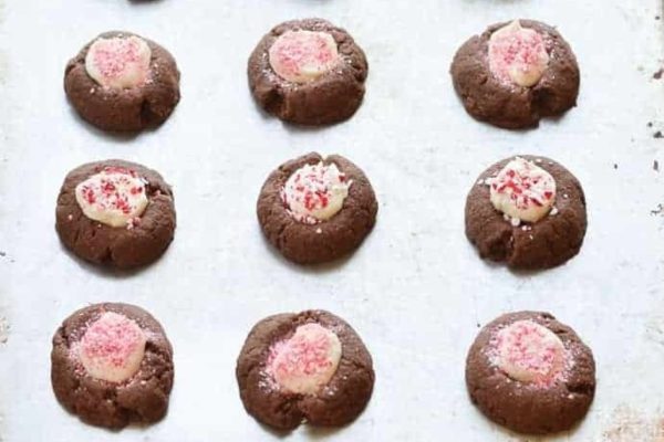 Chocolate peppermint cookies on a baking sheet.