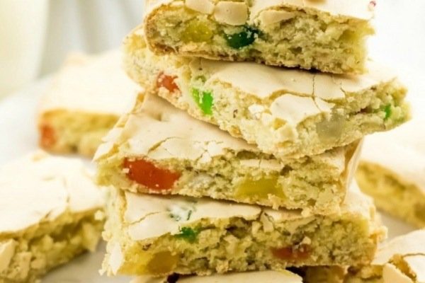 A stack of fruit bars stacked on top of each other.