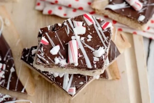 Peppermint bark on a cutting board.
