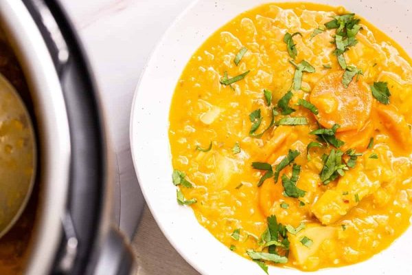 A bowl of curry in front of an instant pot.