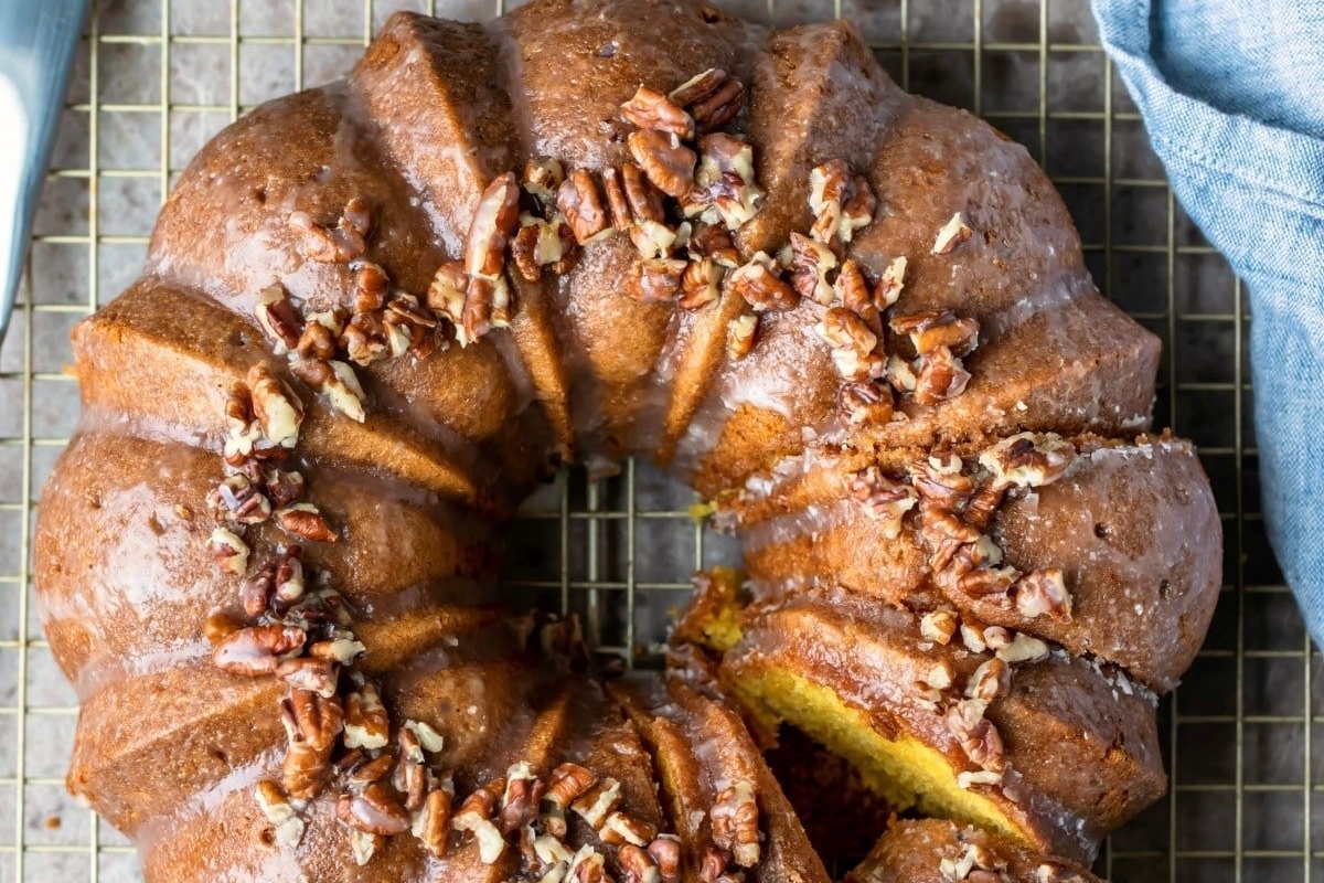 A slice missing from a Bundt cake.