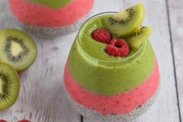         Breakfast Kiwi chia pudding with raspberries and kiwi for meal prep.