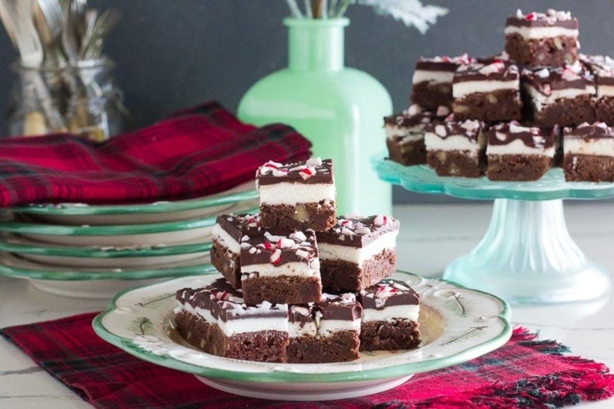 Candy cane chocolate peppermint brownies on a plate.