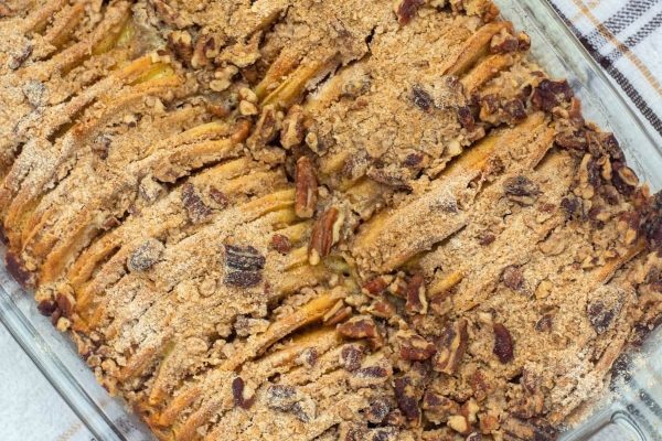 Apple pecan bread in a baking dish.