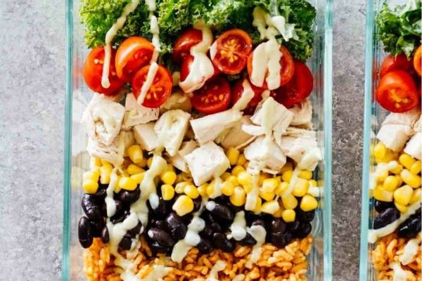 Mexican chicken salad in a glass container.