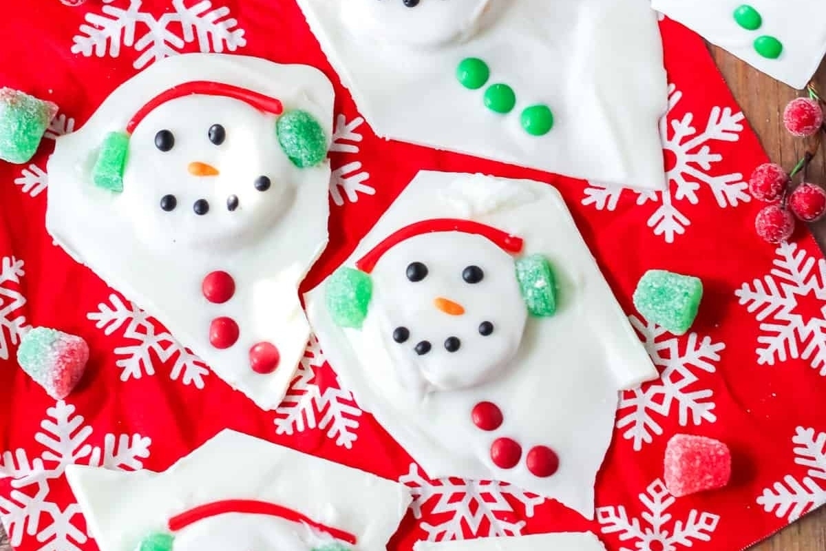 Christmas snowman cookies with candy canes on a red background.