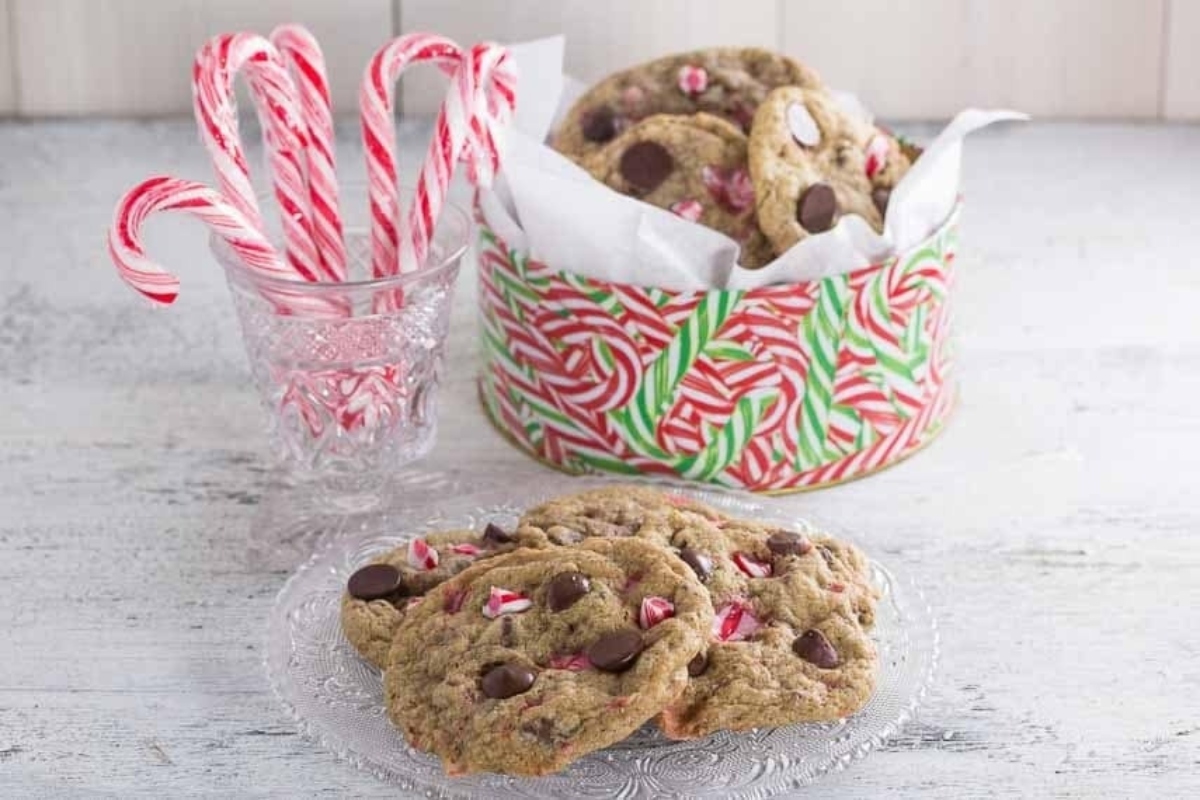 A plate of chocolate chip cookies with candy canes