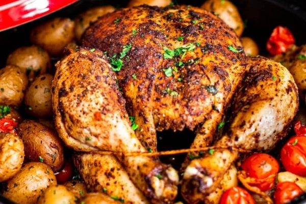 Roast chicken with baby potatoes.