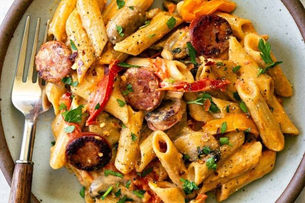 A delicious recipe for Penne Pasta with sausage and peppers.