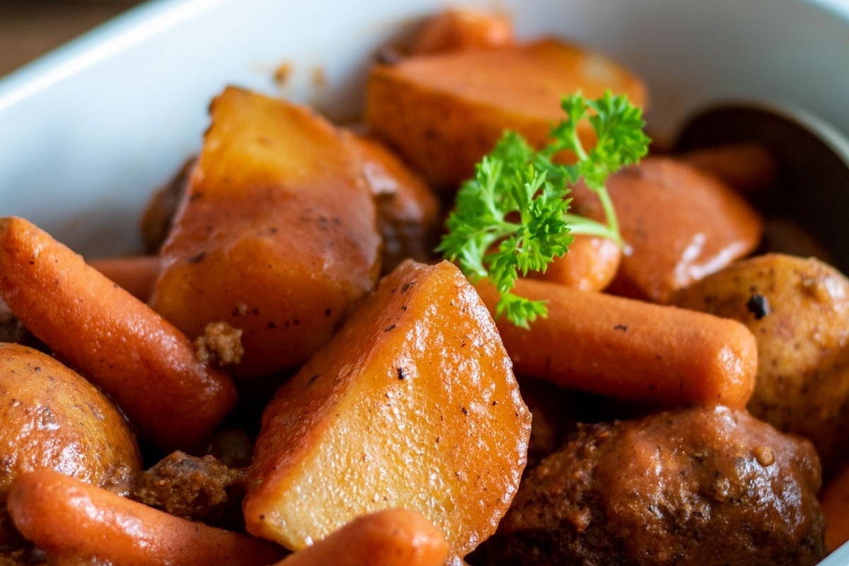 A bowl of hearty stew with tender potatoes and flavorful carrots, perfect for picky eater recipes.