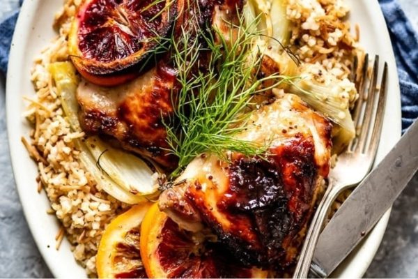 Blood orange chicken with rice and dill.
