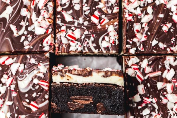 Christmas chocolate peppermint brownies with peppermint cream cheese frosting.