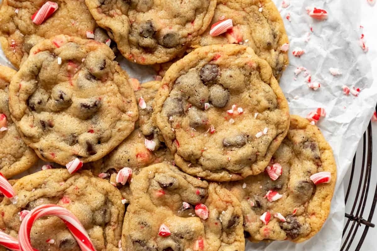 Peppermint chocolate chip cookies with candy canes, perfect for your Candy Cane Recipes collection.
