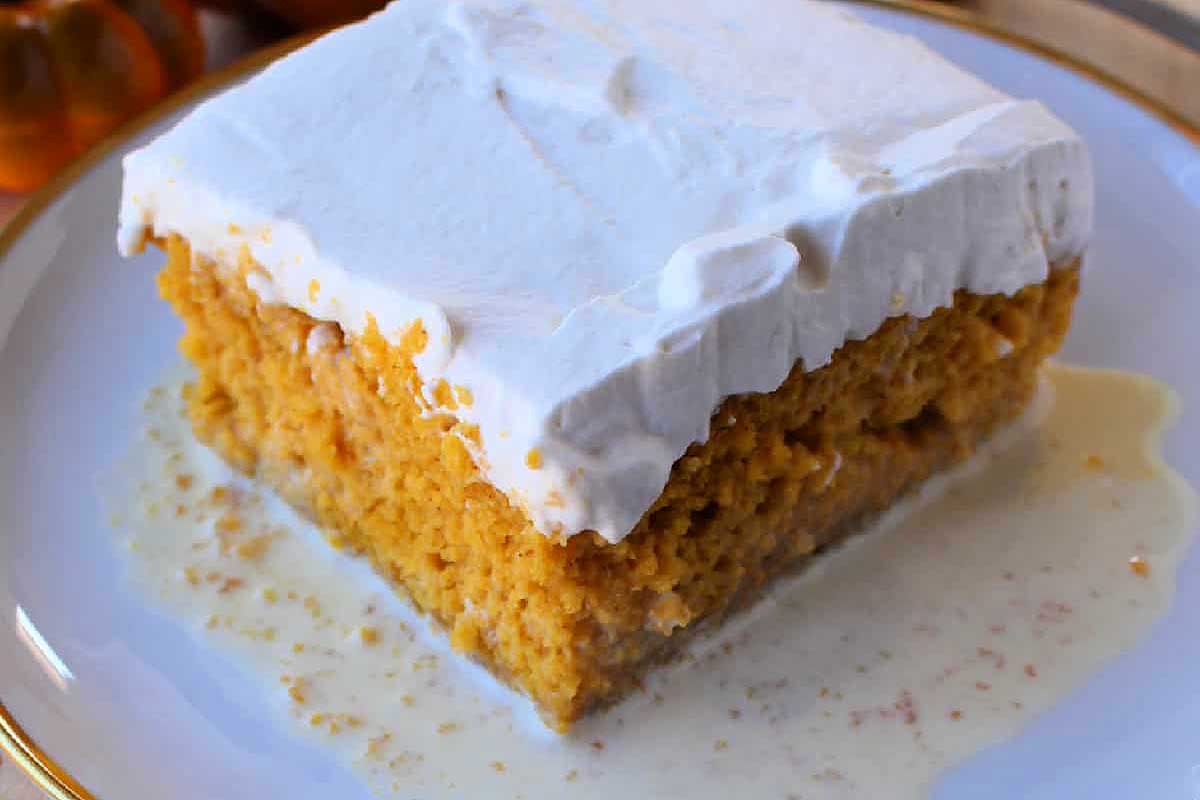 A slice of pumpkin cake on a plate, perfect for friends giving.