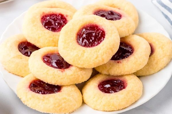 A plate of cookies with jam on it.