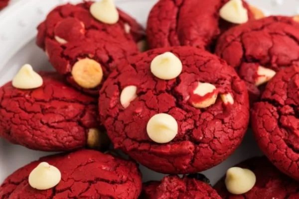 Red velvet cookies with white chocolate chips.