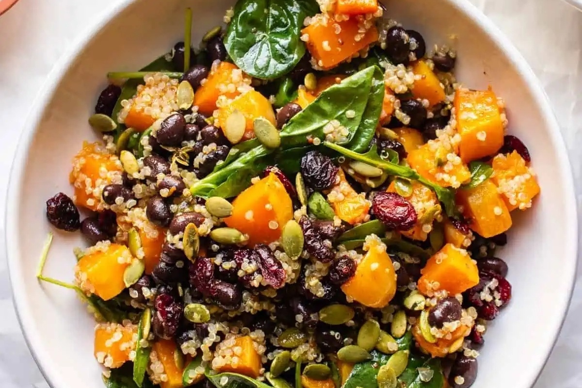 Thanksgiving Recipe: A bowl of squash, black beans and quinoa salad.