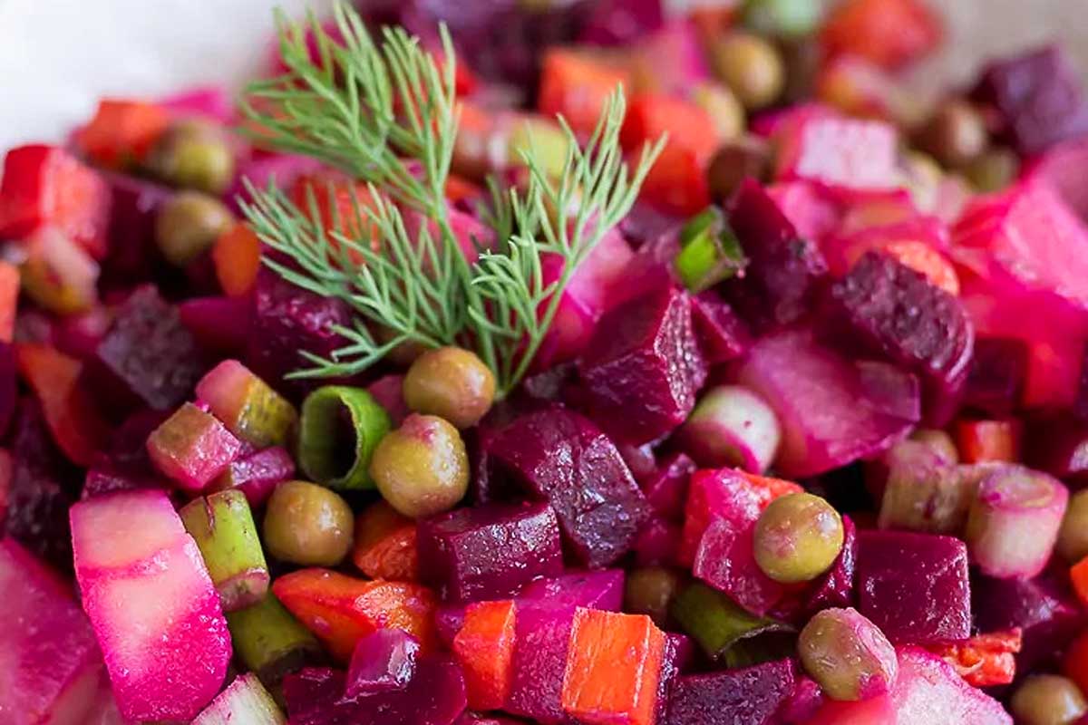 Beet salad with peas and dill.