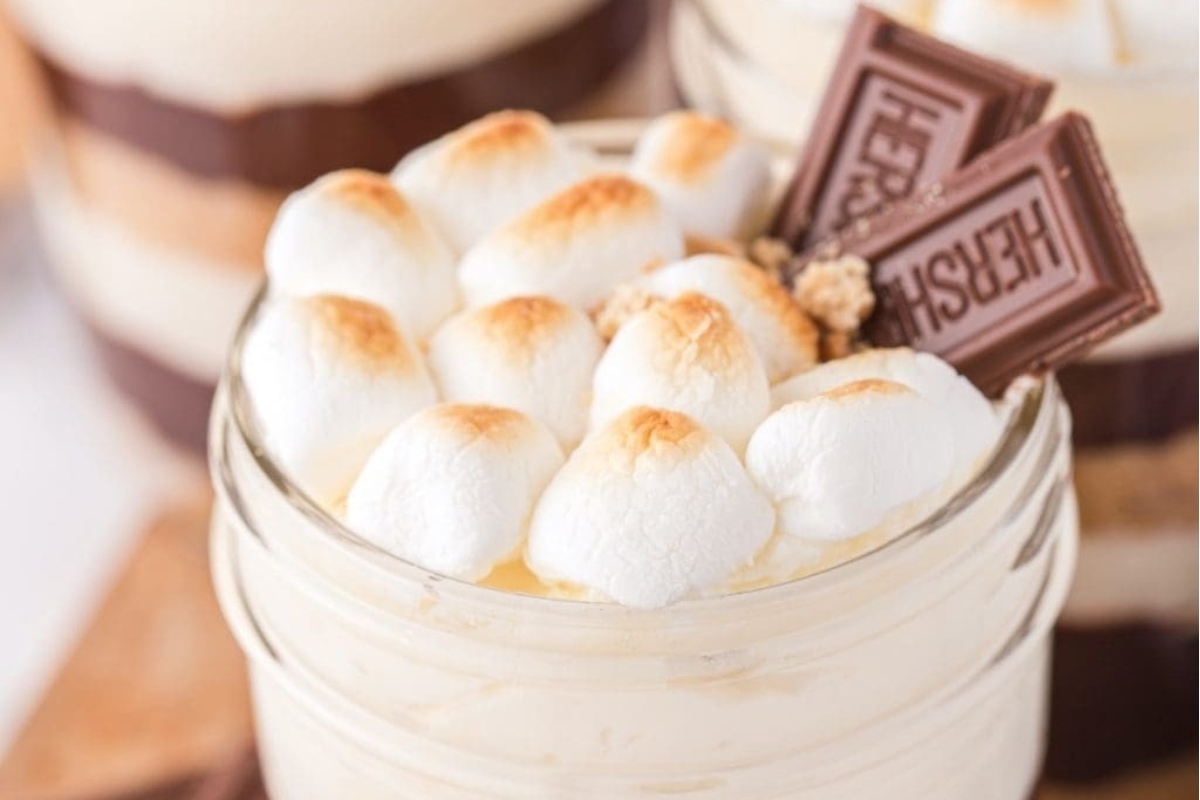 S'mores Trifles in a mason jar.