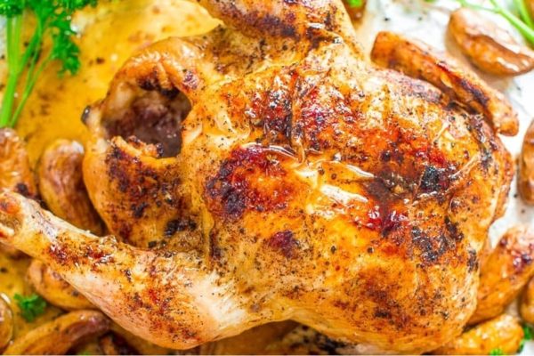 Roasted chicken with peppers.