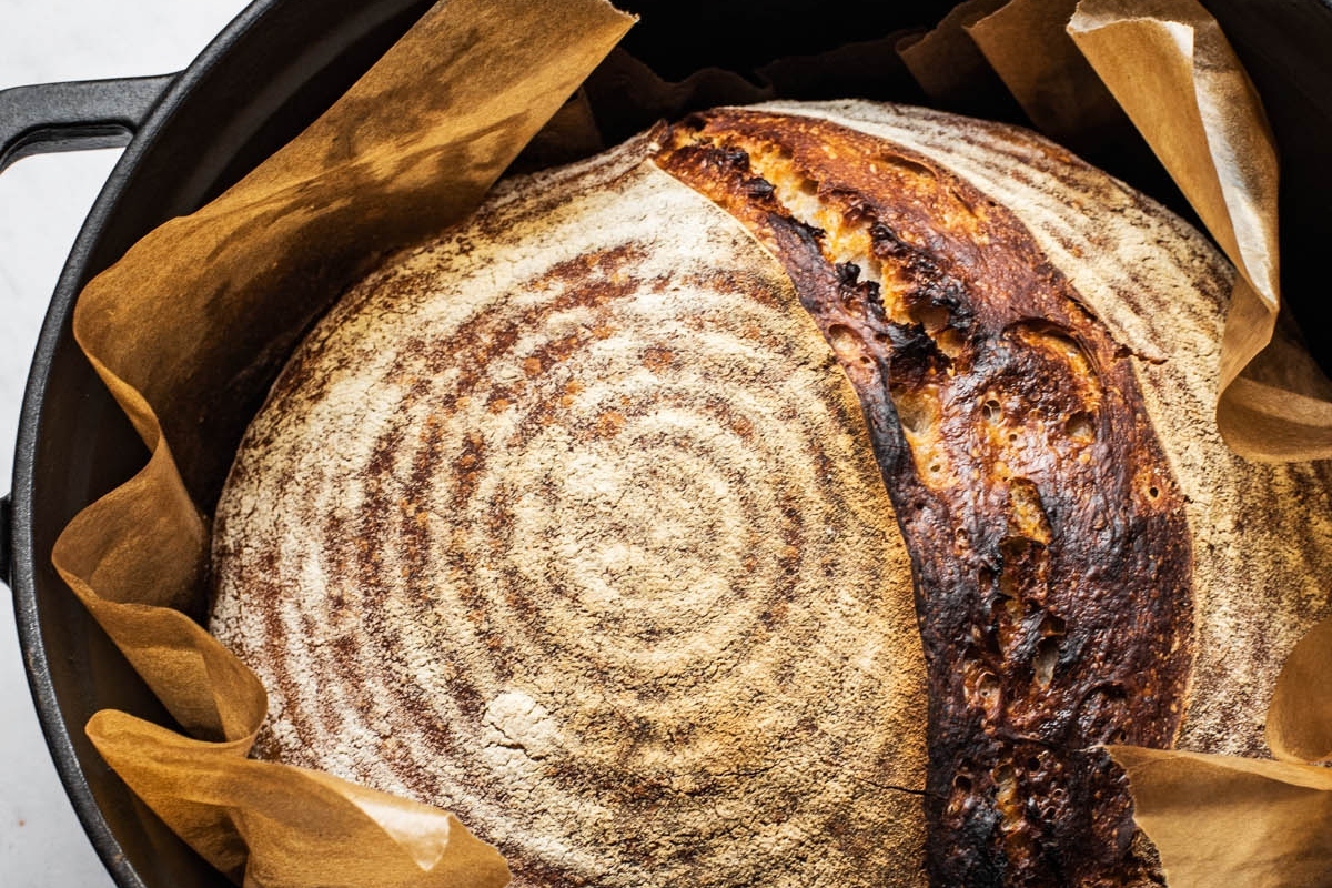 A German loaf of bread sitting in a pan.