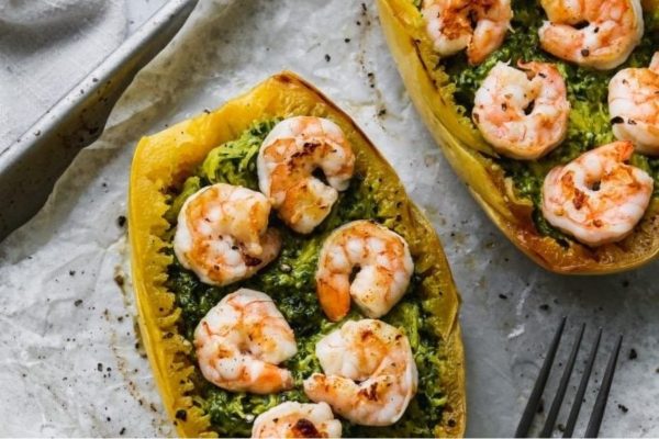 Stuffed squash with shrimp and spinach.