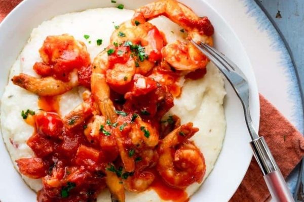 Shrimp and grits on mashed potatoes.